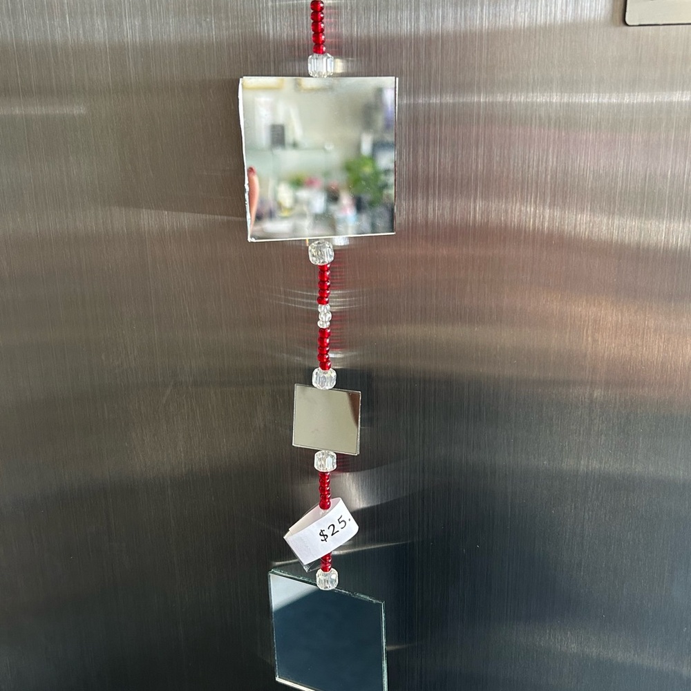 Reflective Square Hanging Decor with Red Accents